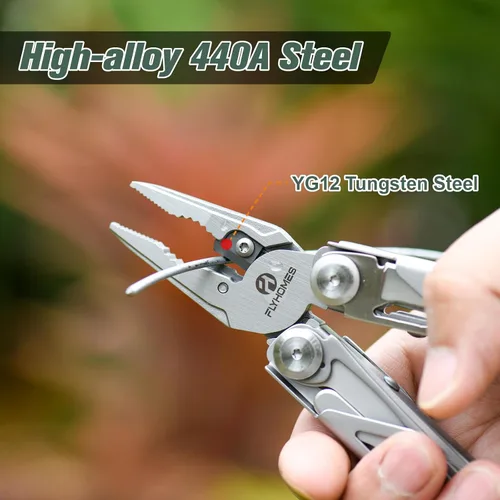 Vista 4 de FLYHOMES Cuchillo de bolsillo multiherramienta, alicates multiherramienta 16 en 1 con bloqueo de seguridad, tijeras, destornillador y sierra