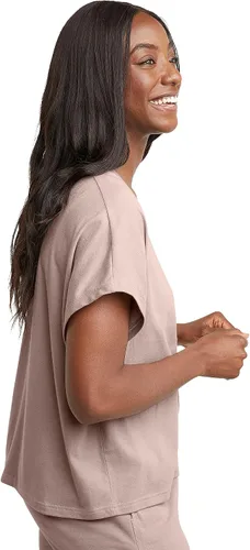 Vista 4 de Hanes Camiseta de manga corta con cuello torcido original para mujer, ajuste cuadrado