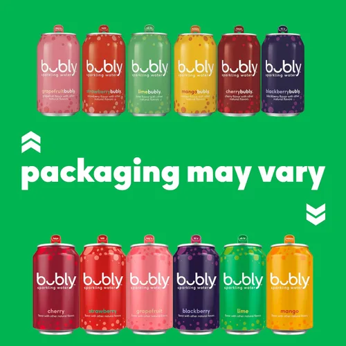 Vista 4 de Bubly - Agua con gas, paquete variado de 6 sabores (zarzamora, lima, cereza, toronja, fresa, mango), cero azúcar y cero calorías, agua con burbujas