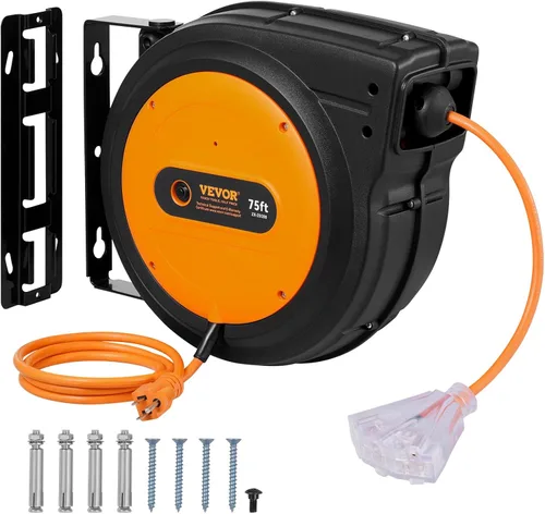 Vista 11 de VEVOR Carrete de cable de extensión retráctil, 30 pies, carrete de cable de alimentación retráctil resistente 16AWG/3C SJTOW con toma triple