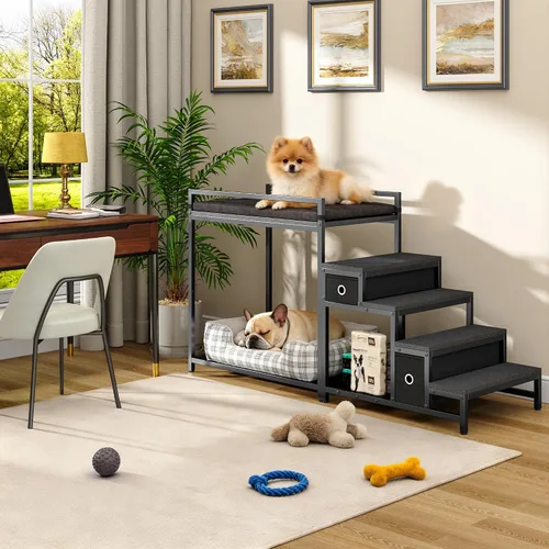Vista 3 de kepptory Litera para mascotas con escaleras y almacenamiento, camas para perros fijadas a la cama humana, cuna para perros y gatos pequeños, Negro