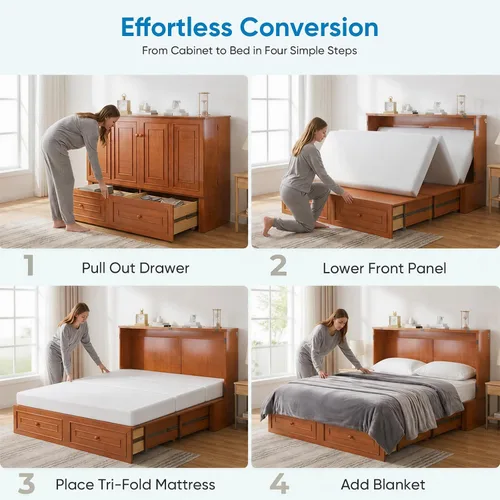 Vista 6 de Mjkone Murphy - Cama de gabinete con colchón plegable de tres piezas Cereza