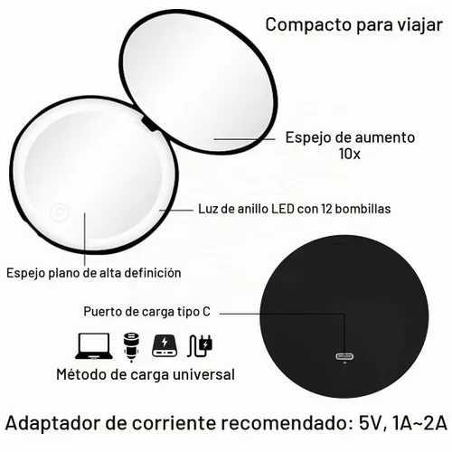 Vista 4 de Espejo compacto con luz LED, espejo recargable con aumento 1x/10x, 3.5 pulgadas, espejo de viaje regulable para bolso, bolsillo, espejo de Negro
