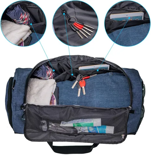 Vista 3 de Kuston Bolsa de gimnasio deportiva con compartimento para zapatos y bolsillo húmedo, bolsa de lona para gimnasio para hombres y mujeres, Azul