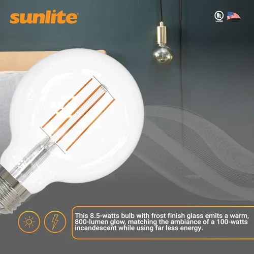 Vista 4 de Sunlite Bombillas LED G25 de 8.5 W, equivalente a 100 W, ámbar de 2200 K, filamento largo, bombillas LED vintage, bombillas de globo LED