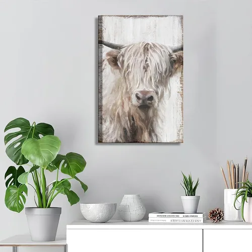 Vista 2 de 1 pieza de arte de pared de vaca Highland, lienzo de vaca de granja para decoración de pared, imagen de pintura blanca de vida silvestre, impresión