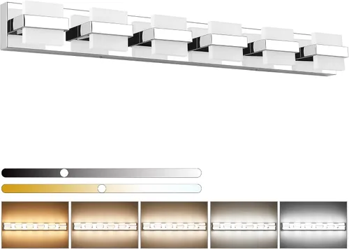Vista 29 de SOLFART Lámpara de baño cromada de 3 luces, luz de tocador sobre el espejo, lámparas LED modernas, 5 colores de temperatura ajustable moderna