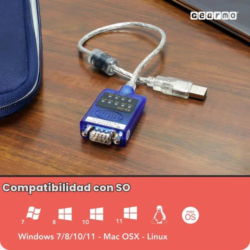 Vista 8 de Gearmo Adaptador USB a serie RS-232 - Chipset FTDI original, luces indicadoras LED de doble color, Plug & Play, utiliza dispositivos seriales DB9