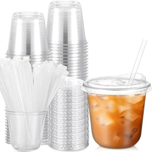 Vista 19 de Ziliny Paquete de 25 vasos de plástico transparente de 12 onzas con tapas para sorbos y pajitas, tazas desechables para café helado de cristal