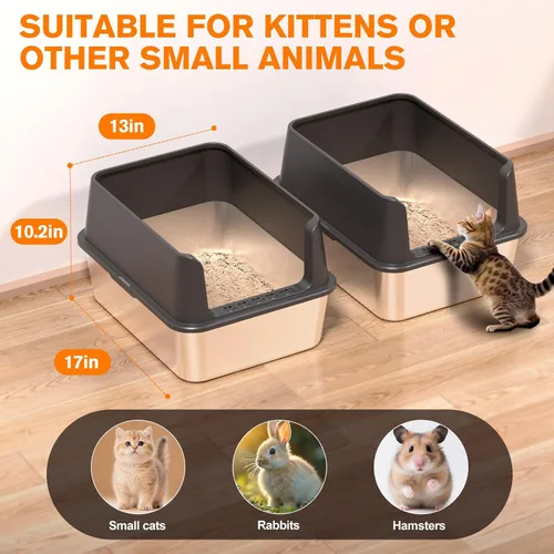 Vista 3 de KITCATY Paquete de 2 cajas de arena de acero inoxidable para gatos, 17 pulgadas de largo x 13 pulgadas de ancho x 10 pulgadas de alto, caja de arena