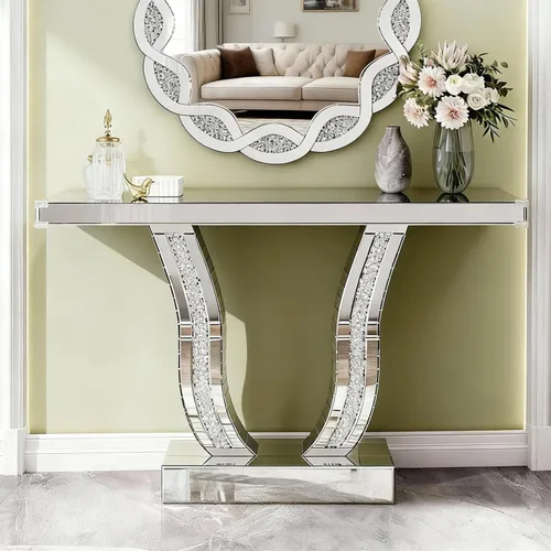 Vista 28 de SSLine Mesa de consola negra con espejo para sala de estar, mesa de entrada moderna de espejo de 43 pulgadas con base de cristal en forma de O