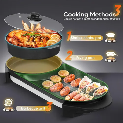 Vista 12 de Olla caliente eléctrica 2 en 1 sin humo con parrilla, olla caliente extraíble de 2200W, combo de barbacoa coreana y Shabu para interior, sartén