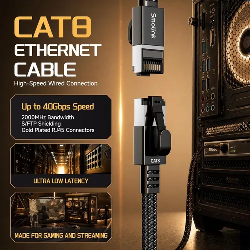 Vista 2 de Cable Ethernet Smolink de 1.5 pies, cable de red de alta velocidad Cat 8 de 40 Gbps, 2000 MHz, cable LAN SFTP RJ45 blindado de alta resistencia
