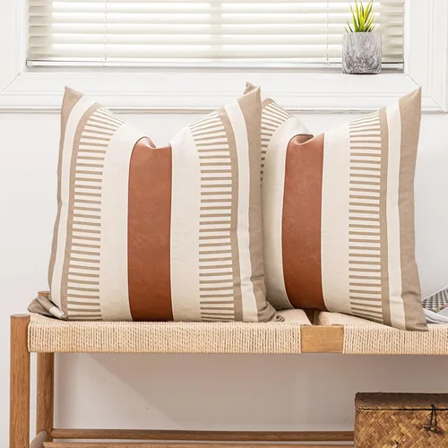 Vista 11 de Juego de 2 fundas de almohada bohemias a rayas de 16 x 16 pulgadas, fundas de almohada de cuero modernas para sofá, cama, decoración de granja
