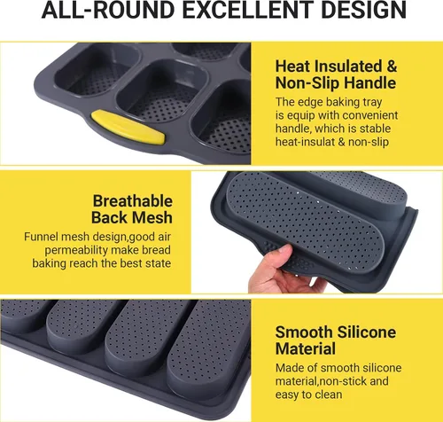 Vista 2 de Molde de silicona para pan baguette de 6 cavidades, molde antiadherente para pan francés y bollo para perros calientes, herramienta plegable