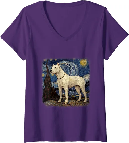 Vista 8 de Womens Van gogh Dogo Argentino in starry night V-Neck T-Shirt