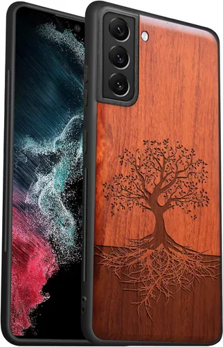 Vista 13 de Carveit Funda de madera para Galaxy S22 [madera real dura y TPU suave] a prueba de golpes, funda protectora híbrida única y elegante, diseño