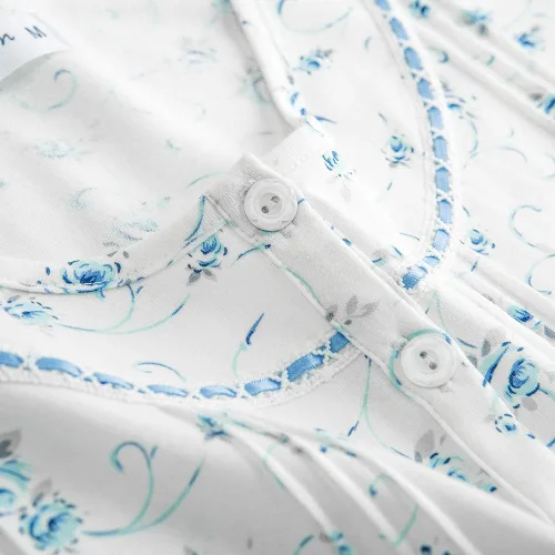 Vista 8 de Keyocean - Camisón de manga corta para mujer, 100 % algodón, suave, cómodo, ligero, con encaje, para verano, ropa de dormir Floral azul
