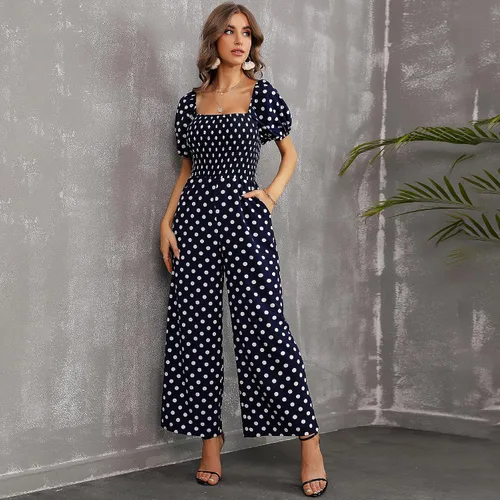 Vista 2 de Love Welove Fashion - Enterizo de manga corta con estampado floral para mujer, cintura alta, pantalones de pierna ancha, casual, holgado