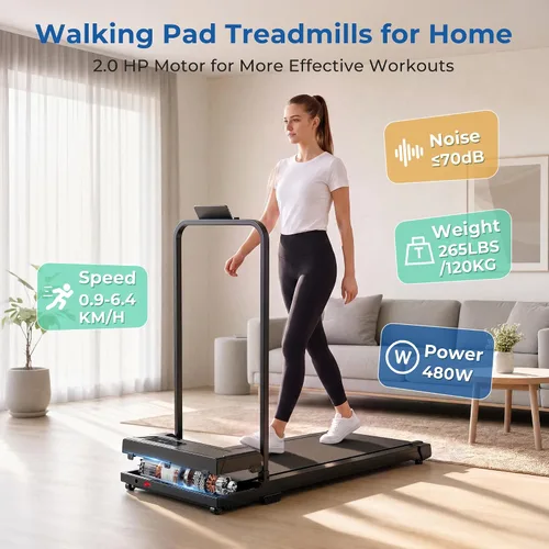 Vista 2 de Walking Pad, Treadmill with Handle Bar Foldable Treadmills for Home Indoor Under Desk Portable Compact Electric Walk Pads Small Spaces Office Negro