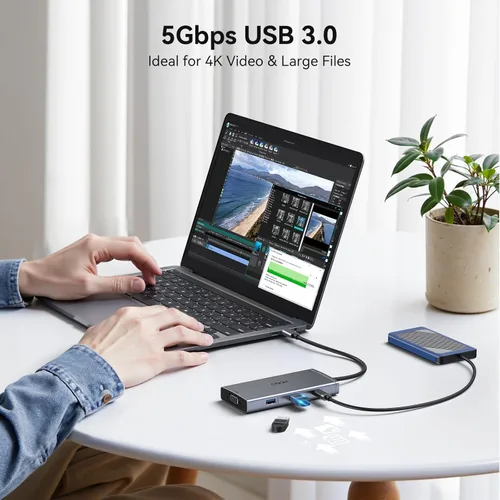 Vista 7 de Estación de acoplamiento USB C con adaptador para monitor dual para Dell HP, estación de acoplamiento para portátil con 3 monitores, pantalla Gris