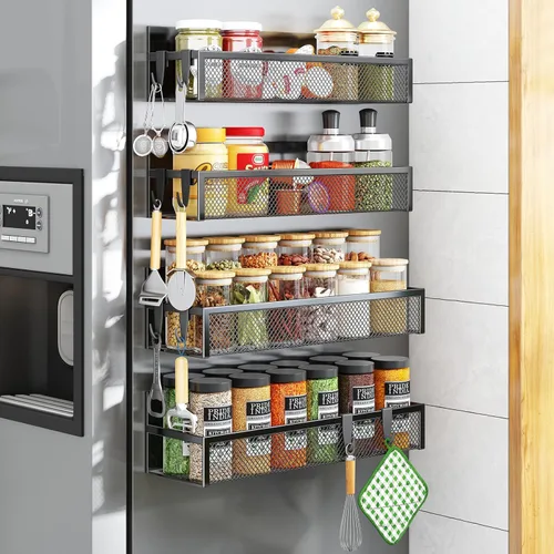 Vista 11 de Aufworld Estante magnético para especias para refrigerador, paquete de 2 estantes magnéticos, organizador magnético para refrigerador con 4 ganchos