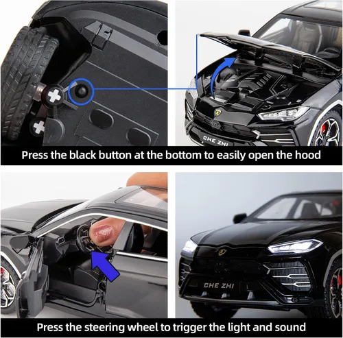 Vista 5 de BDTCTK 1:24 Lambo Urus Modelo de coche, Diecast Pull Back Car Toy Car, Puertas abiertas, Luz y sonido, Juguetes para niños Niños Adultos Regalos