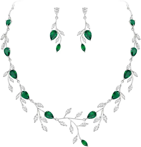 Vista 8 de Cubic Zirconia Drop Leaf Vine Wedding Prom Jewelry Set for Bride Bridesmaid