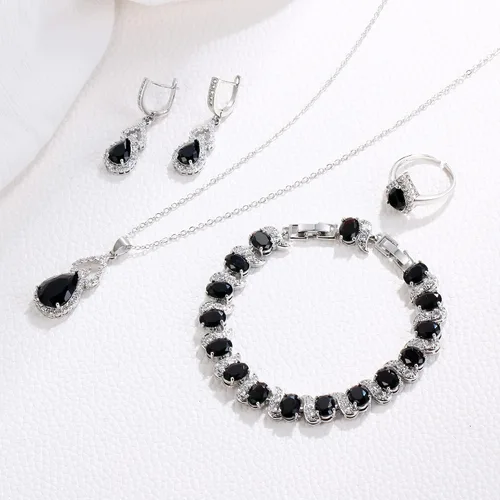 Vista 4 de EleQueen Jewelry Set for Women, Teardrop Cubic Zirconia Necklace Open Ring Earrings Bracelet Sets, WeddingAnniversaryValentine's DayMother's Day