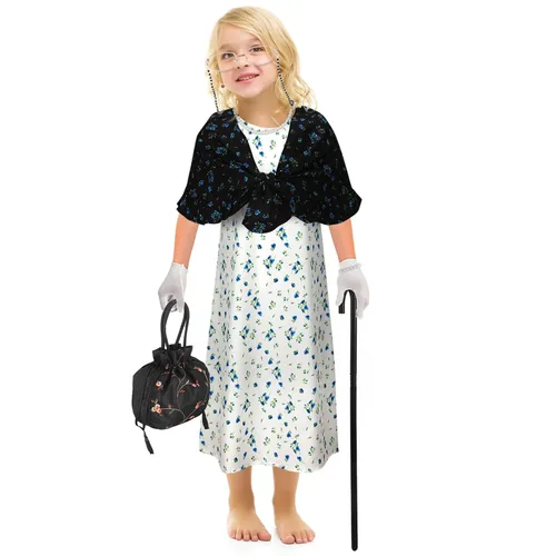Vista 4 de Yingzhao 20 piezas de disfraz de anciana de Halloween para abuela, peluca de abuelita, vestido de tatuajes antiarrugas con rodillos, gafas de caña