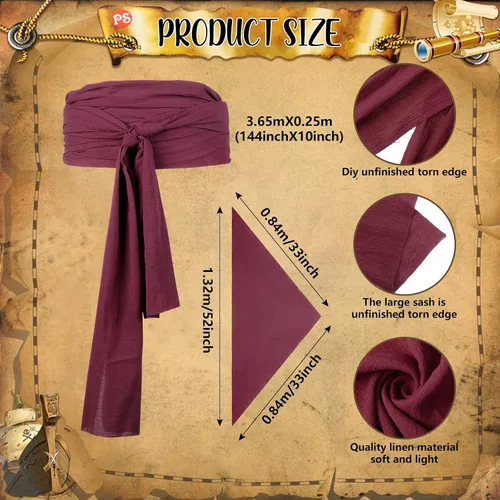Vista 3 de Boyiee Disfraz de pirata para adultos, 5 unidades, camisa medieval renacentista, bandana, cinturón para Halloween, fiesta de cosplay