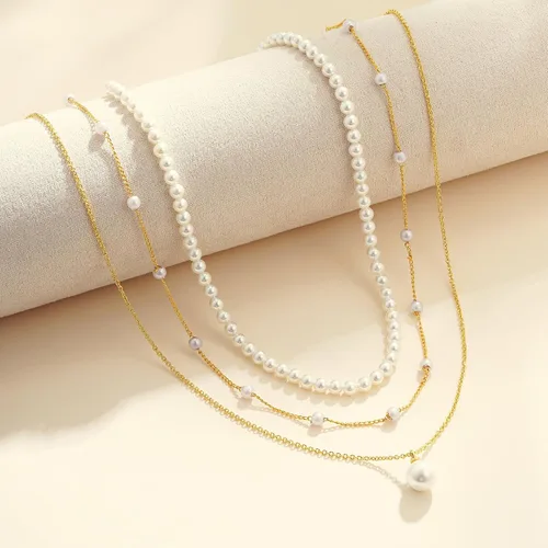 Vista 7 de Collares de perlas para mujer, a la moda, chapado en oro de 18 quilates, collar de perlas en capas, collar y aretes de perlas delicadas, pulseras