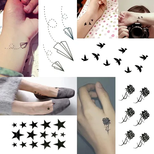 Vista 7 de Kit de tatuajes temporales pequeños y bonitos de 30 hojas, cámara negra con estampado de pies, elefante, estrella, diamante, cruz, pájaro, gato