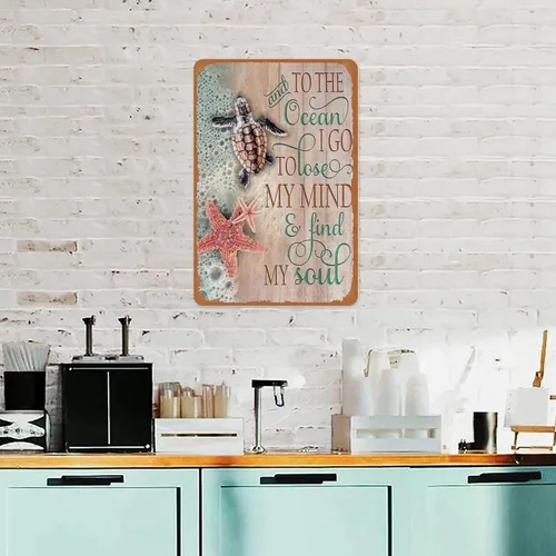 Vista 5 de Cartel de metal con texto en inglés «To The Ocean I Go To Lose My Mind And Find My Soul» de tortuga marina de 12 x 8 pulgadas, decoración de pared