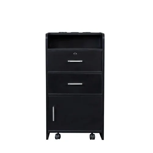 Vista 5 de SSLine Estación de salón moderna, soporte de piso negro, gabinete de madera para estilista, peluquería, peluquería, mesa de almacenamiento clásica