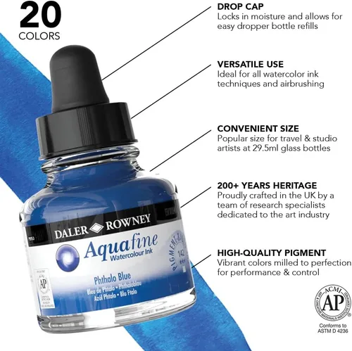 Vista 3 de Daler-Rowney Aquafine - Tinta de acuarela azul Phthalo de 1.0 fl oz, tinta líquida versátil para acuarelas para artistas y estudiantes, uso