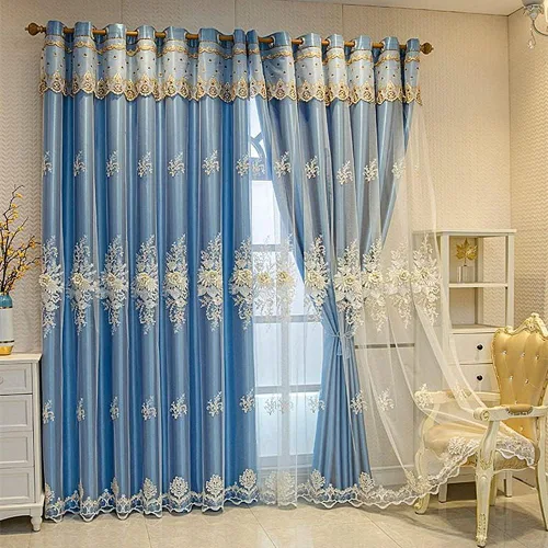 Vista 8 de Amidoudou 1 par de cortinas europeas de lujo con cenefa para sala de estar, dormitorio, cortinas bordadas de doble capa (azul, 52 x 84 pulgadas)