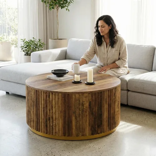 Vista 9 de Tribesigns Mesa auxiliar redonda de 31.5 pulgadas, mesa central de madera acanalada con base de tambor resistente, muebles modernos de mediados