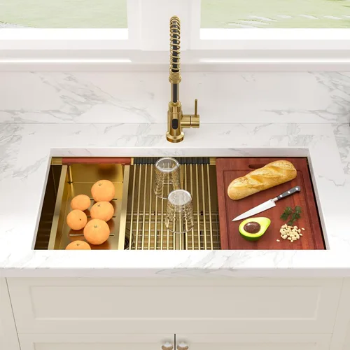 Vista 2 de Sarlai Fregadero de Cocina Dorado Bajo Encimera de 33 Pulgadas Doble Tazón 33 x 19 Pulgadas Bajo Dividido Dorado Estación de Trabajo Fregadero Doble