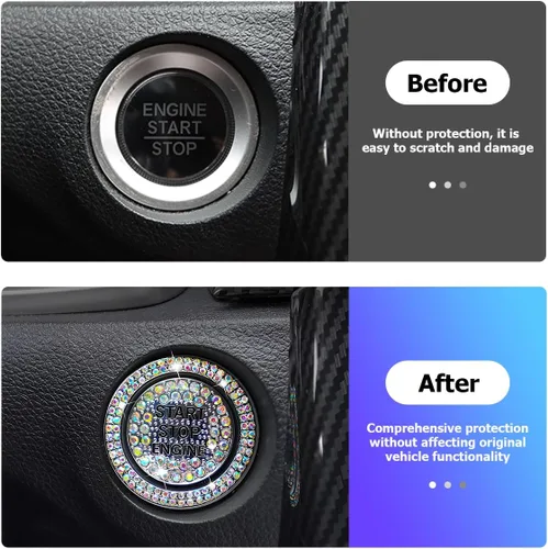 Vista 4 de BELOMI 2 piezas de anillos decorativos para botón de encendido y apagado del motor del automóvil, calcomanía protectora con botón de inicio