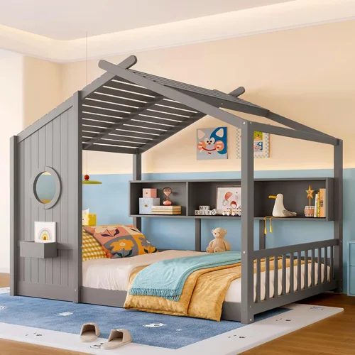 Vista 32 de Cama de casa con tienda y estantería, 2 cajones, carga USB Espresso-tt