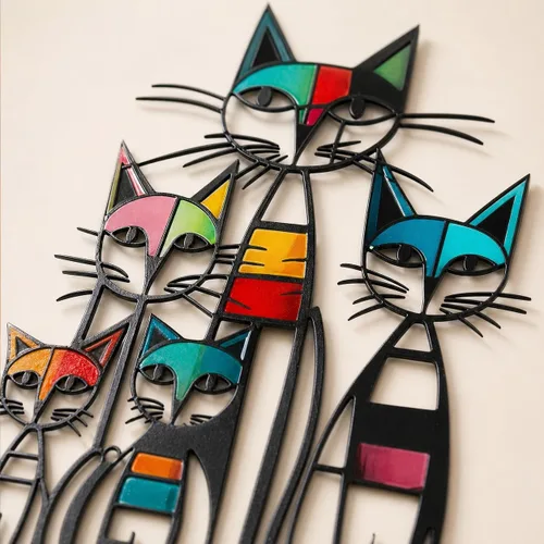 Vista 4 de Gcdaxour Decoración de pared de gato, esculturas de pared de hierro de metal, regalos para amantes de los gatos, colorido y único, retro de mediados