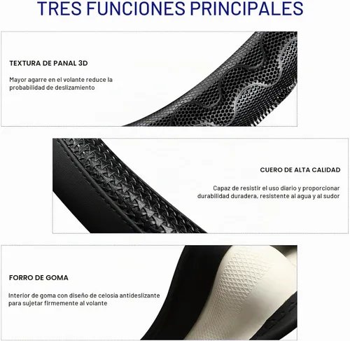 Vista 5 de Funda de volante en forma de D, protector de volante de cuero para automóvil con diseño antideslizante de nido de abeja 3D, funda universal