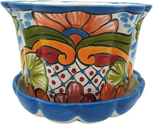 Vista 7 de Maceta violeta grande pintada a mano para interiores y exteriores, multicolor esmaltada (azul y blanco)