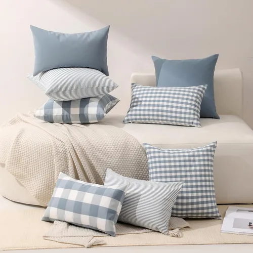 Vista 4 de vctops Fundas de almohada decorativas a cuadros azules de 12 x 20 pulgadas, funda de cojín lumbar de guingán para sofá, dormitorio