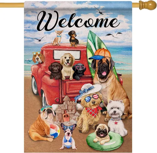 Vista 7 de Hzppyz Bandera de bienvenida de verano con texto en inglés "Dogs Red Truck" para jardín, playa y jardín, de doble cara, para recolección náutica