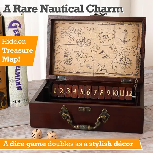 Vista 2 de STERLING Juego de 12 números Shut The Box Caja de madera Estuche de viaje con temática náutica Juego de dados familiares para niños y adultos