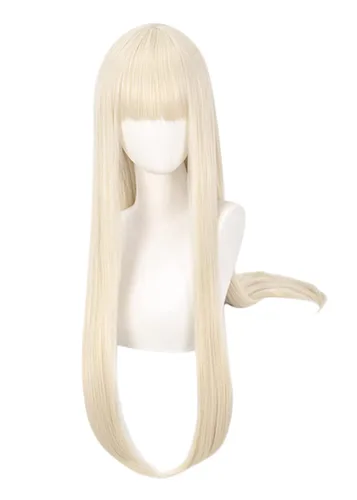Vista 5 de Peluca rubia crema larga y recta con flequillo para niñas, pelucas de fiesta de disfraces de Halloween