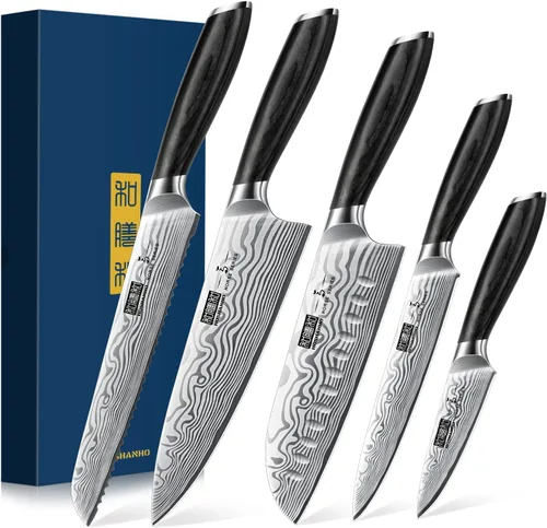 Vista 9 de HOSHANHO Juego de 3 piezas de cuchillos, juego de cuchillos de cocina profesional de acero en polvo de alto carbono, juego de cuchillos ultra
