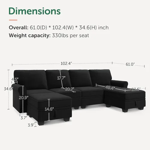 Vista 2 de HONBAY Sofá modular convertible con almacenamiento en forma de U con diván reversible para sala de estar, negro medio negro (Mid Black)